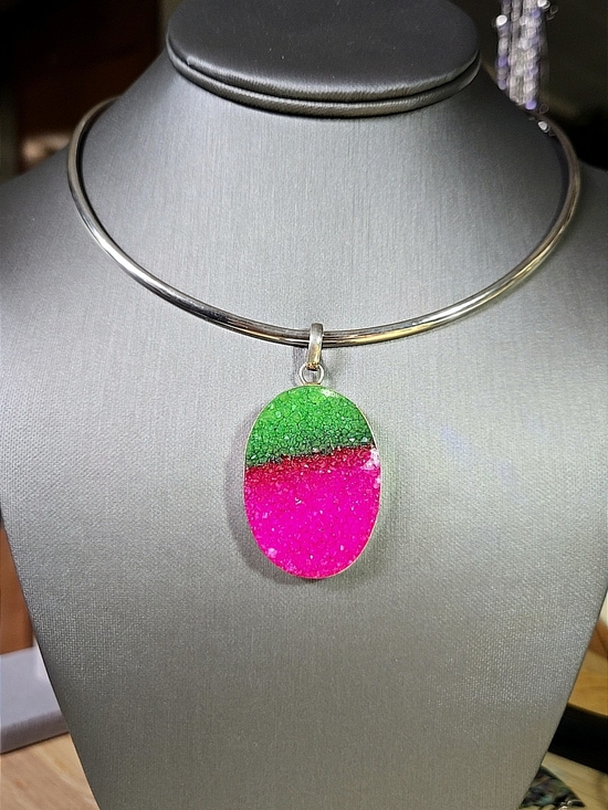 Jewelry - Green and Pink Watermelon Crystal Druzy Oval Pendant In 925 Silver